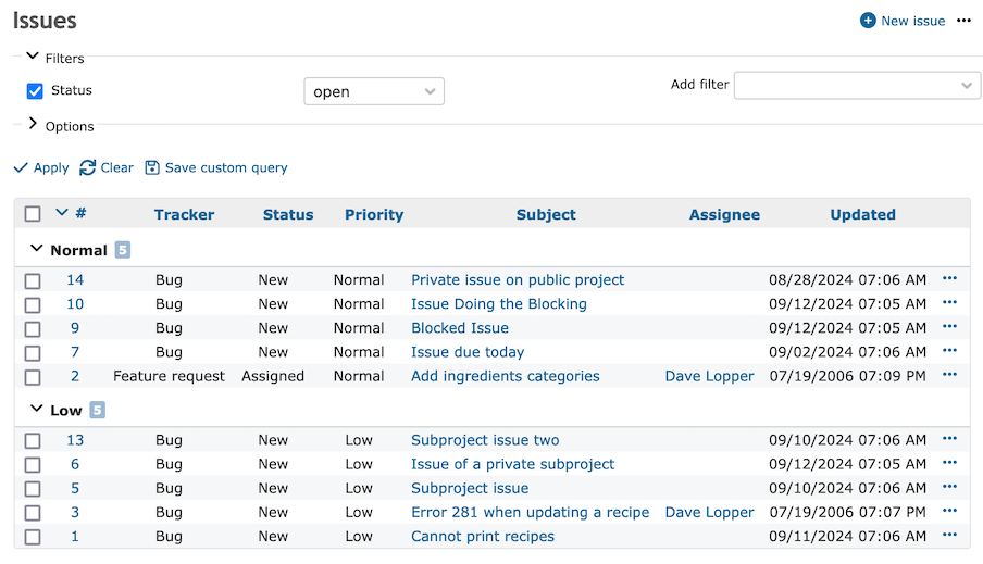 Redmine issue list screen